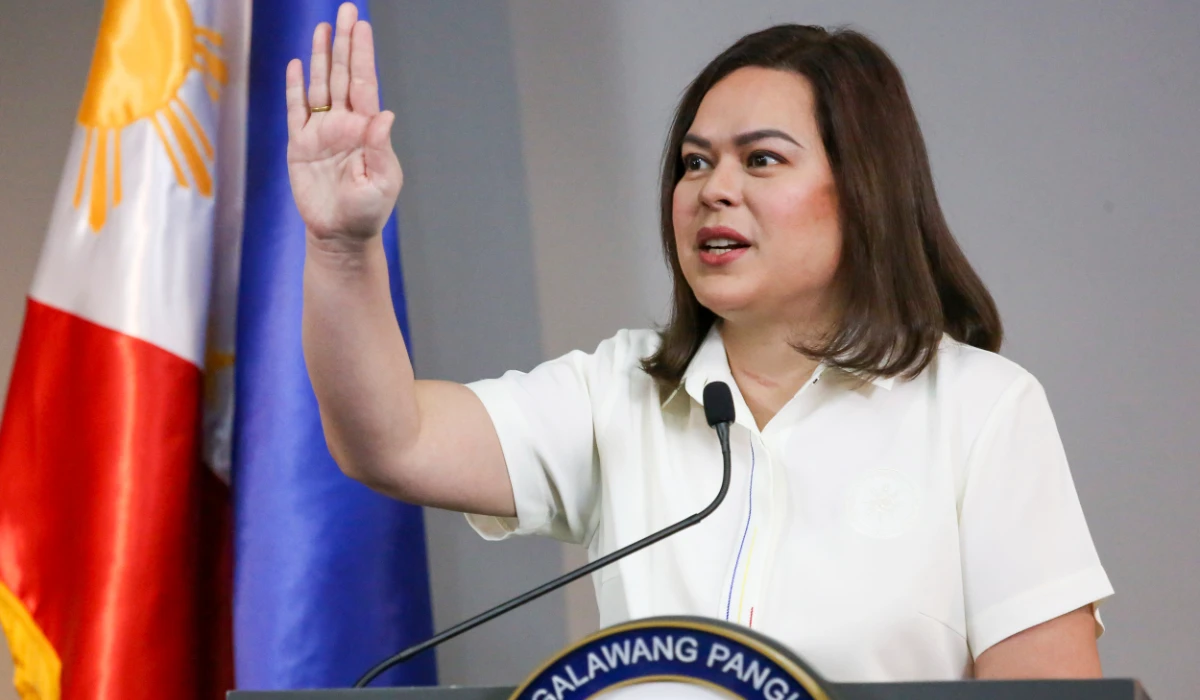 Philippine Vice President Sara Duterte gestures as she speaks during a press conference in Manila, Philippines Friday, Feb. 7, 2025. (AP)