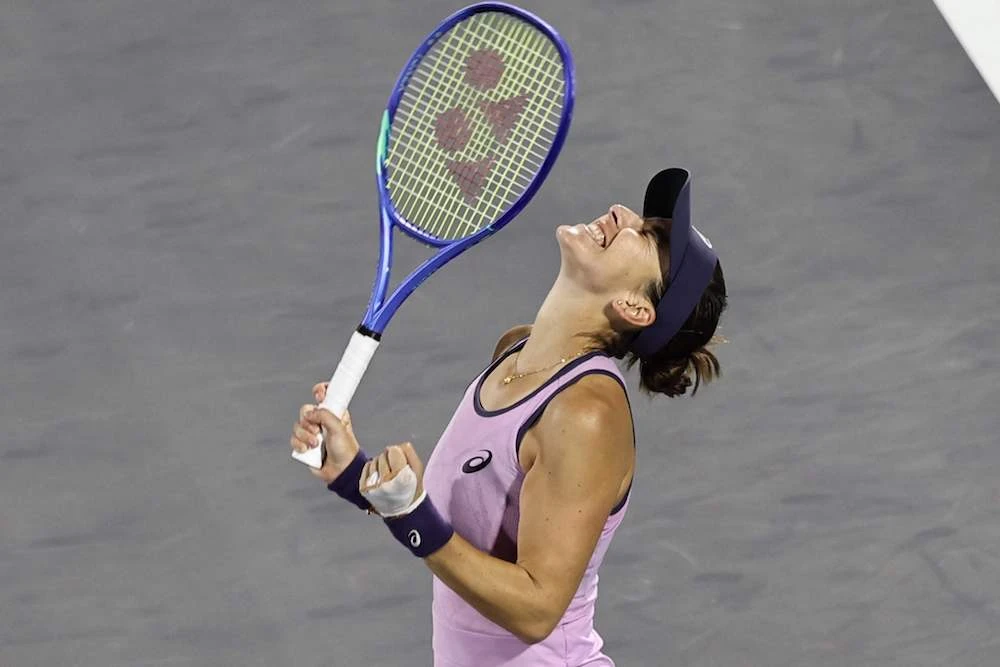 Belinda Bencic celebrates reaching the final of the 2025 Mubadala Abu Dhabi Open. (AFP)