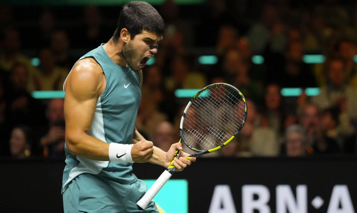 Spain's Carlos Alcaraz after winning the semifinal match against Poland's Hubert Hurkacz at the ABN AMRO Tennis Tournament in Rotterdam Saturday. (AP)