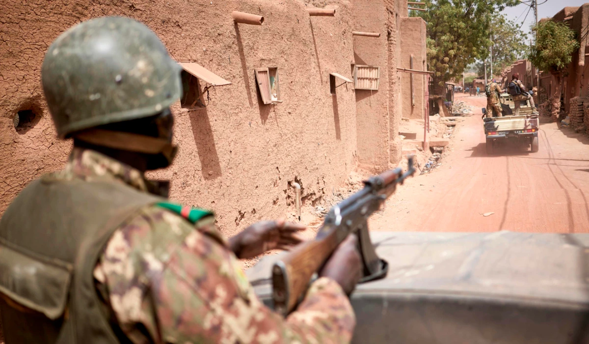 Troops of the Malian army patrol the ancient town of Djenne in central Mali on February 28, 2020. (AFP)