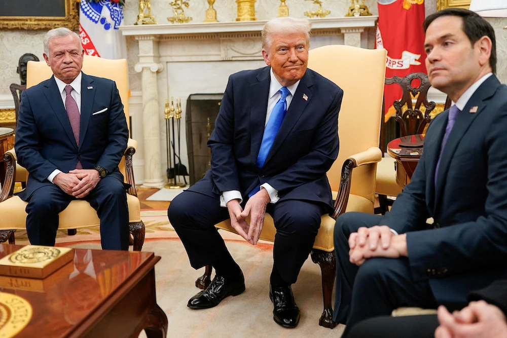 US President Donald Trump, Secretary of State Marco Rubio and Jordan’s King Abdullah attend a meeting in the Oval Office at the White House in Washington. (Reuters)