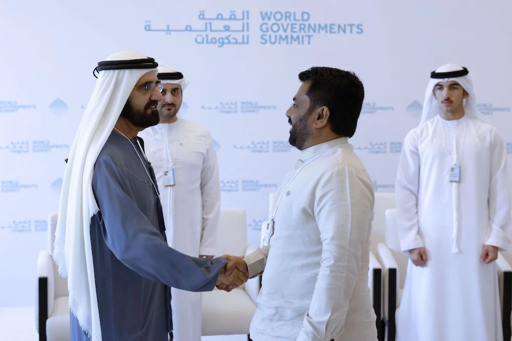 UAE Prime Minister Mohammed bin Rashid Al-Maktoum and Sri Lankan President Anura Kumara Dissanayake shake hands as they meet on the sidelines of the World Governments Summit in Dubai on Feb. 12, 2024. (WAM)