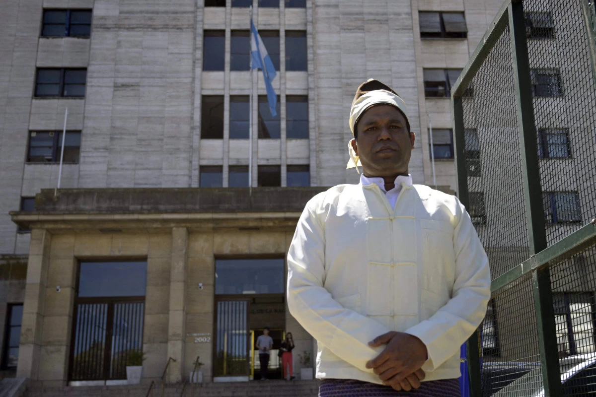This photo taken on December 16, 2021, shows Maung Tun Khin, president of the Burmese Rohingya Organization UK, outside the federal court in Buenos Aires. (AFP)