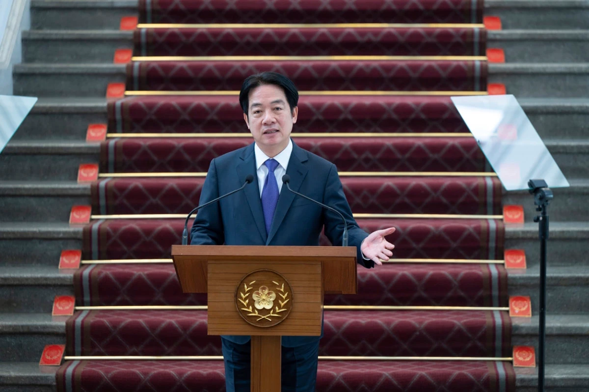 Taiwan's President Lai Ching-te speaks at a press conference in Taipei on Feb. 14, 2025, after a security meeting about US President Trump's tariffs on trade partners and semiconductors. (Taiwan Presidential Office via AP)