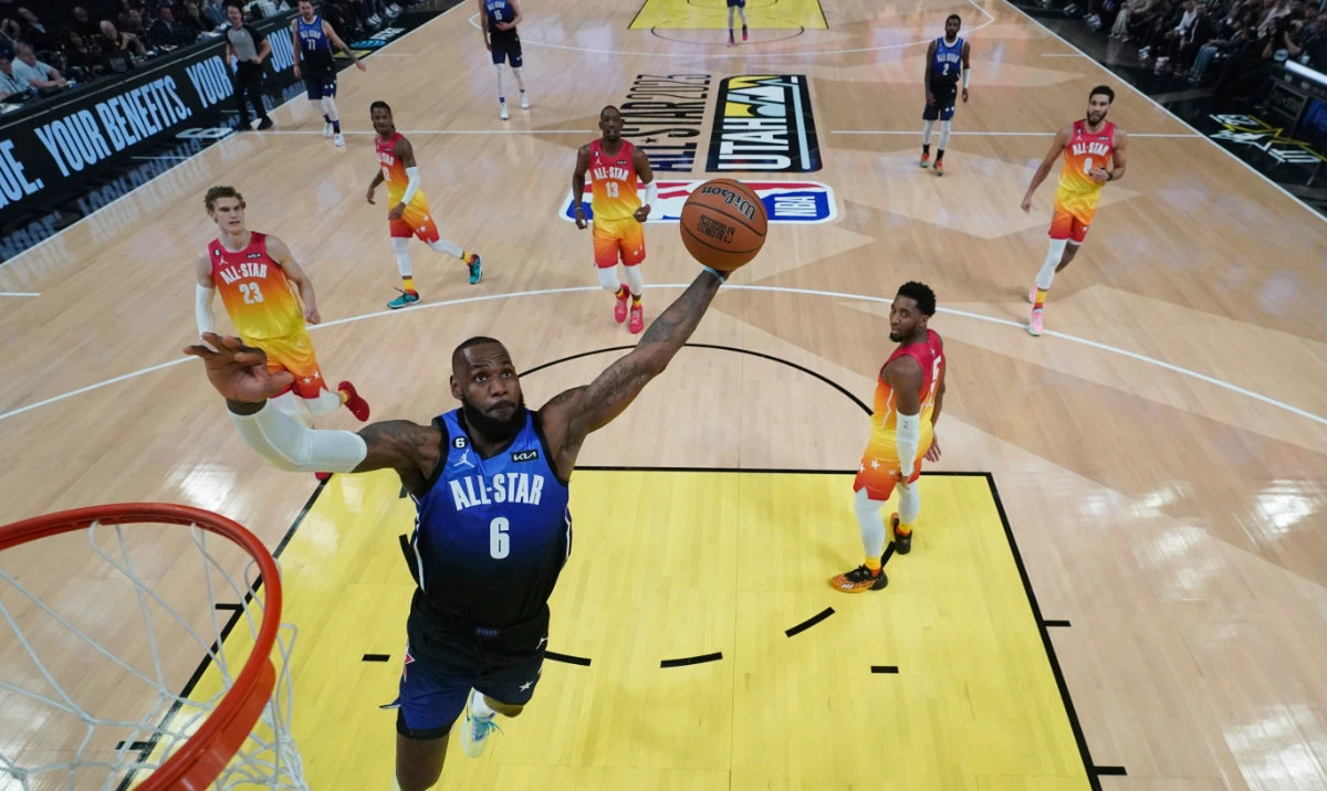 Team LeBron forward LeBron James (6) dunksduring the first half of the NBA basketball All-Star game Sunday, Feb. 19, 2023, in Salt Lake City. (AP)