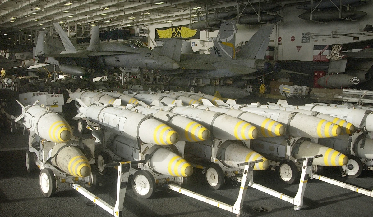 Bunker Buster bombs staged 23 March in the hangar bay aboard USS Constellation. (AFP file photo)