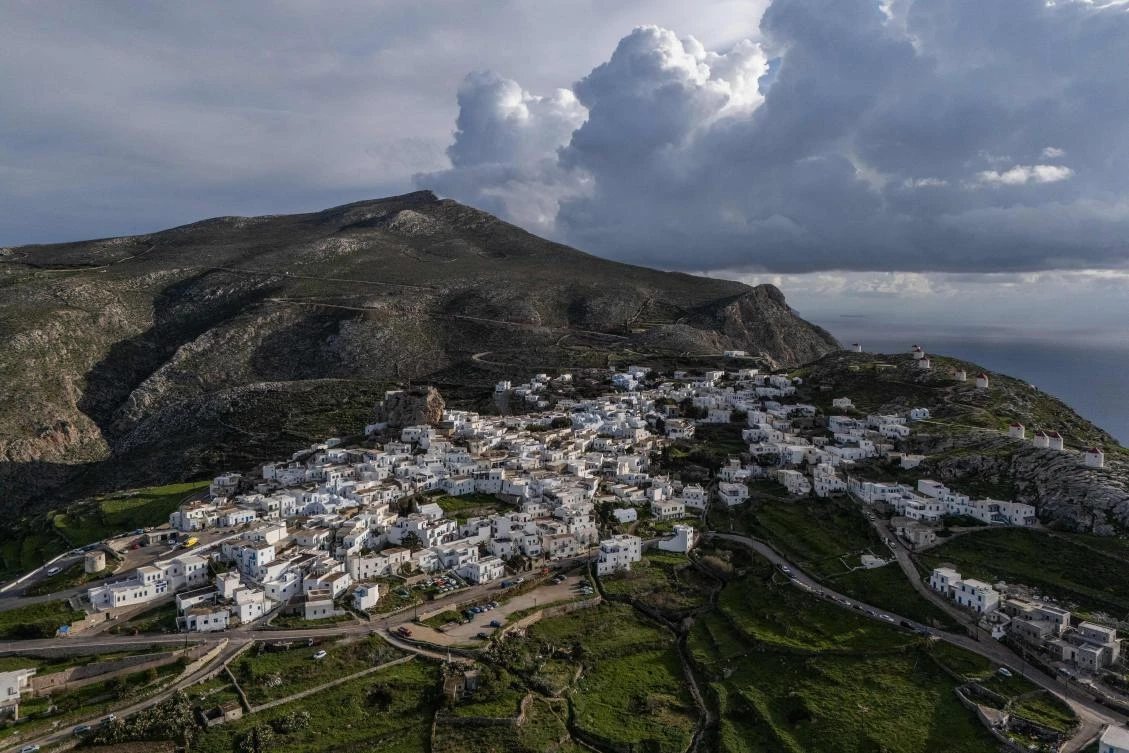 An aerial view shows the main town of Amorgos, on the Greek island of Amorgos, in the Aegean Sea, on February 15, 2025. (AFP)