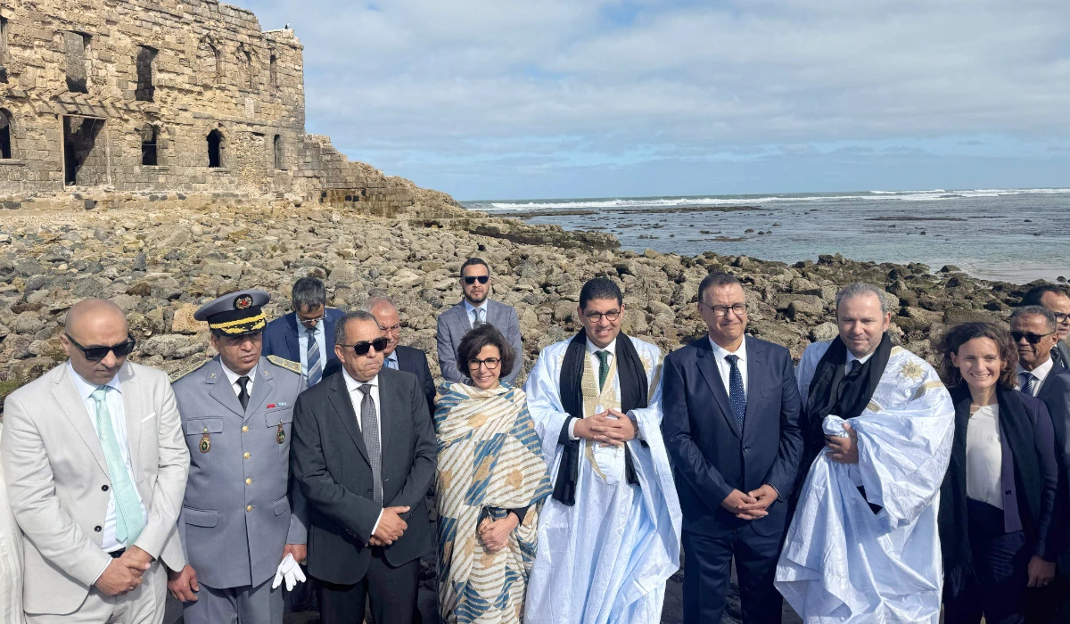 Morocco's Minister of Youth, Culture, and Communication Mohamed Mehdi Bensaid (C-R) and France's Culture Minister Rachida Dati (C-L) visiting Tarfaya, in southern Morocco. (AFP)