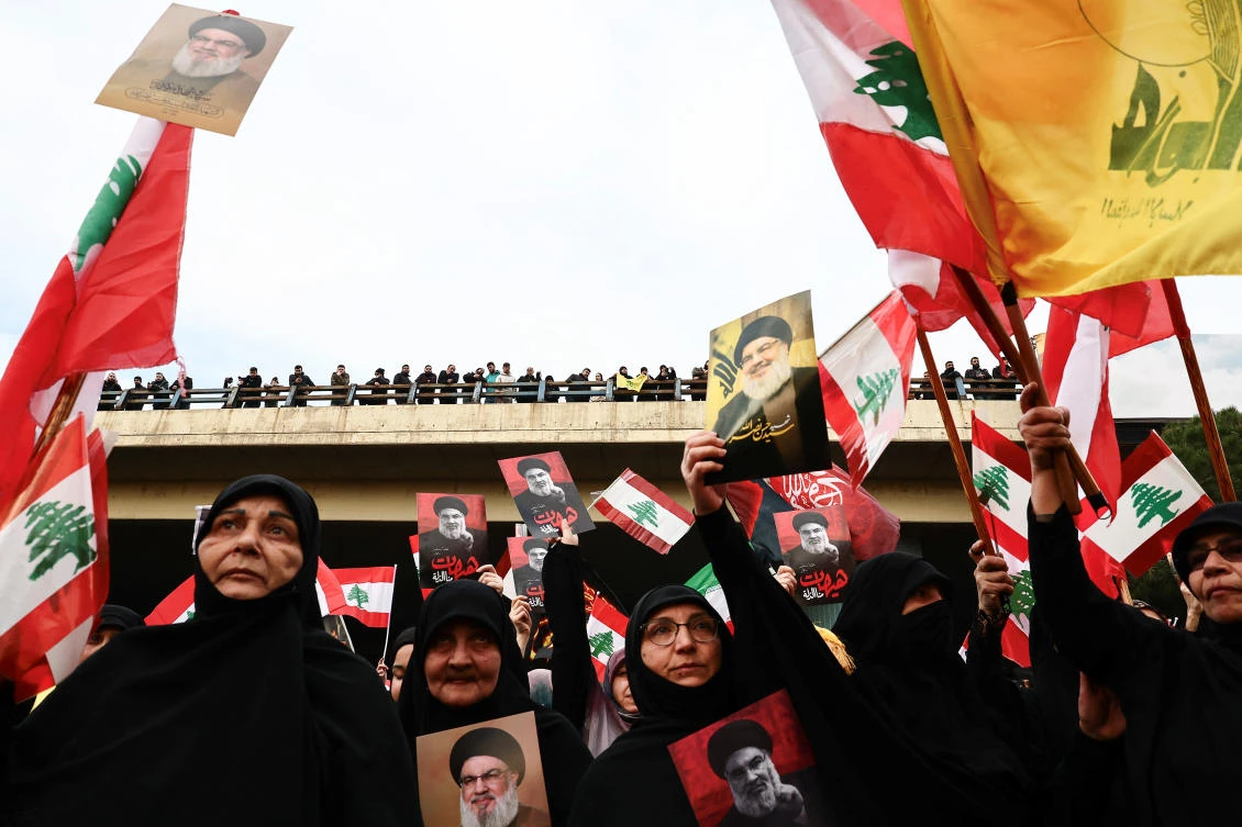 Supporters of Hezbollah attend a protest organized by them against what they said was violation of national sovereignty, near Beirut international airport, Lebanon, February 15, 2025. (Reuters)