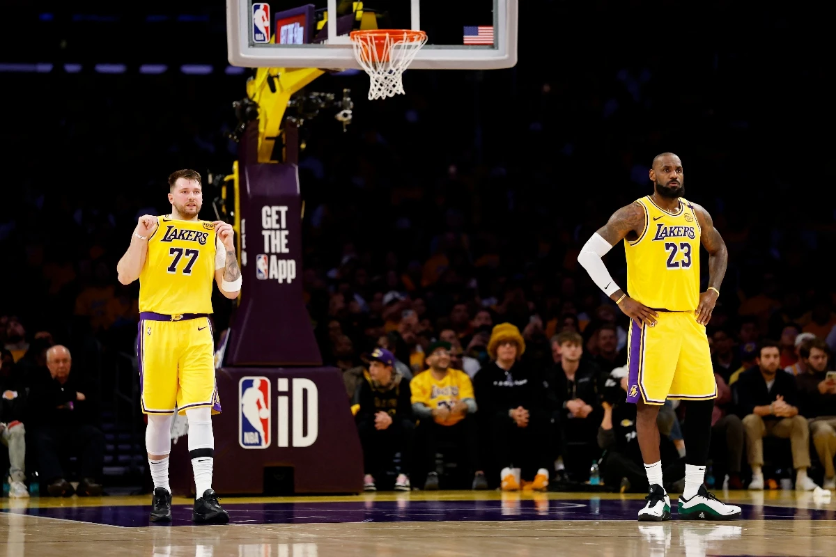 Luka Doncic and LeBron James of the Los Angeles Lakers during the second quarter of a game against the Utah Jazz at Crypto.com Arena on Feb. 10, 2025 in Los Angeles, California. (Getty Images via AFP)