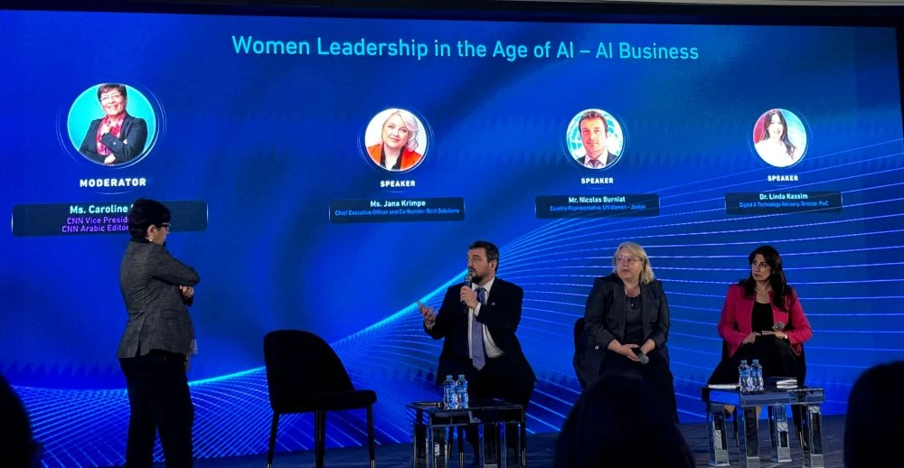 Nicolas Burniat speaks during a panel discussion at the International Digital Cooperation Forum in Amman, Jordan, moderated by Caroline Faraj, CNN Vice President, and featuring Jana Krimpe, Best Solutions CEO and Linda Kassim, Digital & Technology Advisory Director at PwC. (AN Photo)