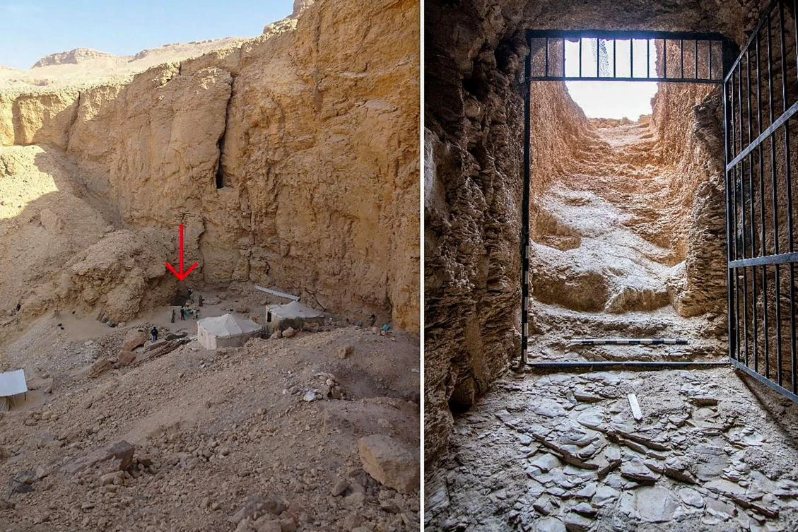 These handout pictures released by the Egyptian Ministry of Antiquities on February 19, 2025 show the entrance to the tomb of King Thutmose II in Luxor in southern Egypt. (AFP)