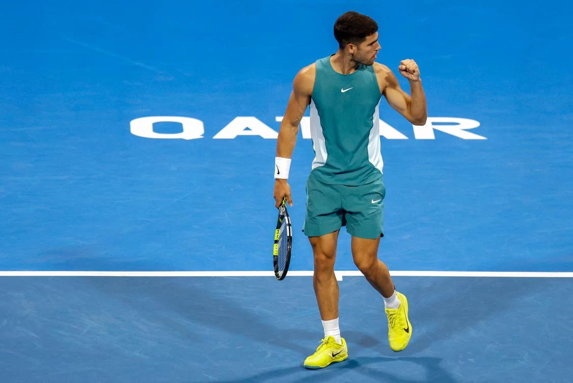 Spain’s Carlos Alcaraz reacts after a point against Italy’s Luca Nardi during their men’s singles match at the ATP Qatar Open tennis tournament in Doha on Feb. 19, 2025. (AFP)