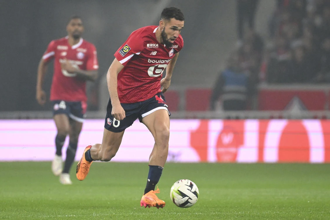 Lille’s Nabil Bentaleb in action during their French League One match between against Marseille at the Pierre Mauroy stadium in Villeneuve d’Ascq, northern France, Apr. 5, 2024. (AP/File)
