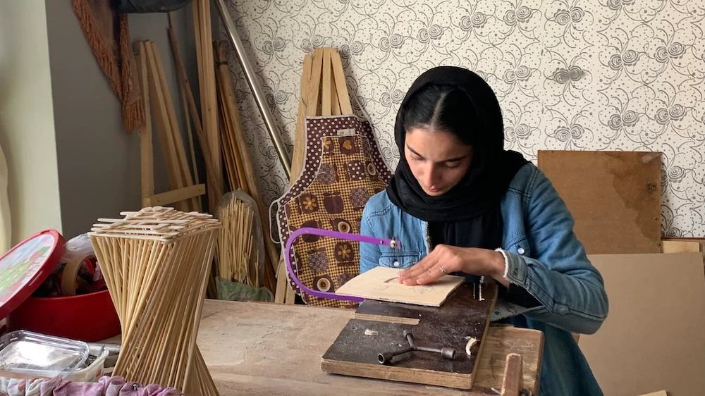 Aria Sediqy at work in her home-based studio in Kabul, Afghanistan on Feb. 20, 2025. (Aria Sediqy)