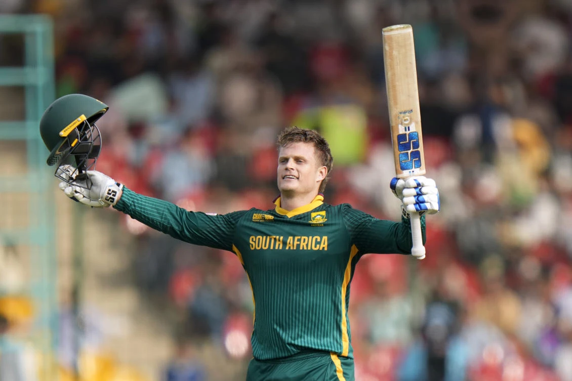 South Africa’s Ryan Rickelton celebrates after scoring century during the ICC Champions Trophy cricket match between Afghanistan and South Africa, in Karachi. (AP)