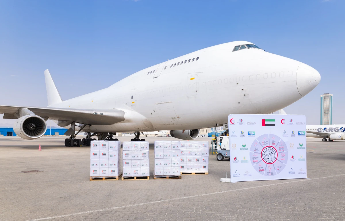 More than 250 tonnes of Ramadan food supplies were flown from Fujairah, UAE, destined for Gaza on Friday. (WAM)