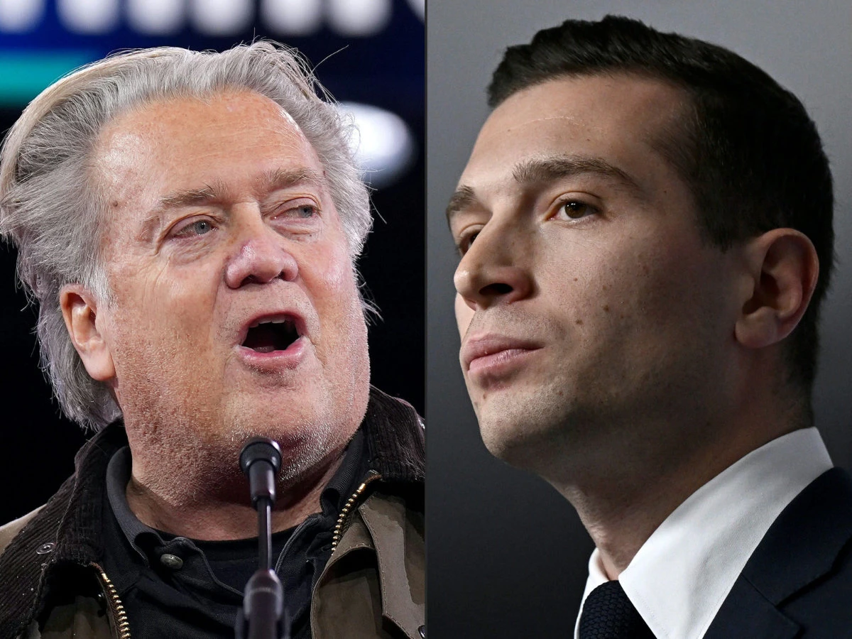 Steve Bannon, left, and French far-right politician Jordan Bardella. (AFP)
