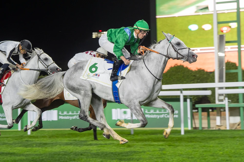 RB Kingmaker showcased his class and determination as he claimed victory in the $1.5 million Al-Mneefah Cup, presented by the Ministry of Culture, at the King Abdulaziz Racecourse on Friday. (Supplied/The Saudi Cup)