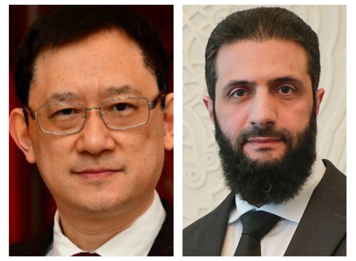 Syria's de facto leader Ahmad al-Sharaa (R) and Chinese ambassador Shi Hongwei. (Supplied)