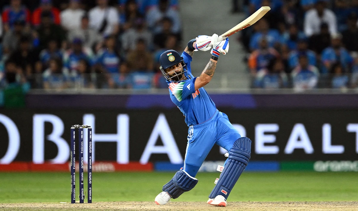 India’s Virat Kohli plays a shot during the ICC Champions Trophy one-day international (ODI) cricket match between Pakistan and India at the Dubai International Stadium in Dubai on February 23, 2025. (AFP)