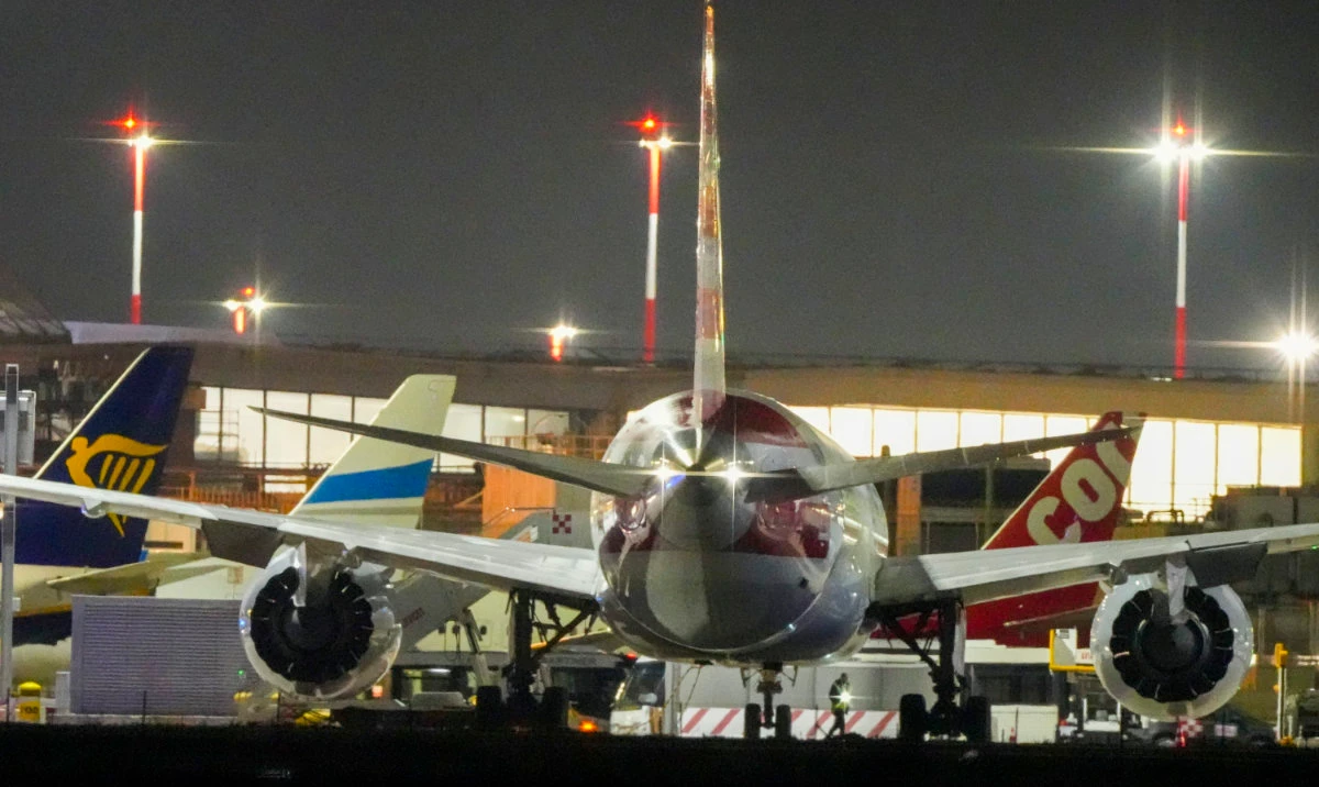 American Airlines flight AA292 en route from New York to New Delhi that turned around over the Caspian Sea Sunday, Feb. 23, 2025, sits on the tamarack of Rome's Leonardo da Vinci International airport. (AP)