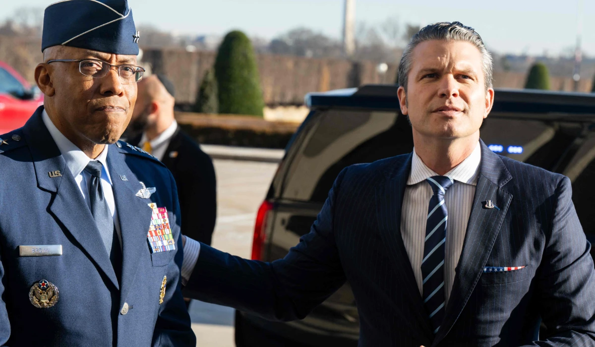 US Secretary of Defense Pete Hegseth, alongside Chairman of the Joint Chiefs of Staff General Charles Q. Brown, Jr. (L), speaks with the media during his first official arrival at the Pentagon as Secretary in Washington, DC, January 27, 2025. (AFP)