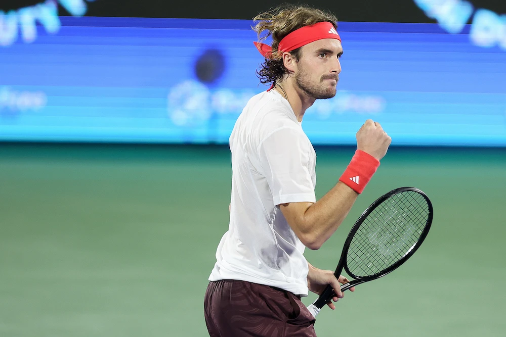 Stefanos Tsitsipas of Greece in action against Lorenzo Sonego of Italy during round one of the ATP Dubai Duty Free Tennis Championships on Monday. (Supplied)