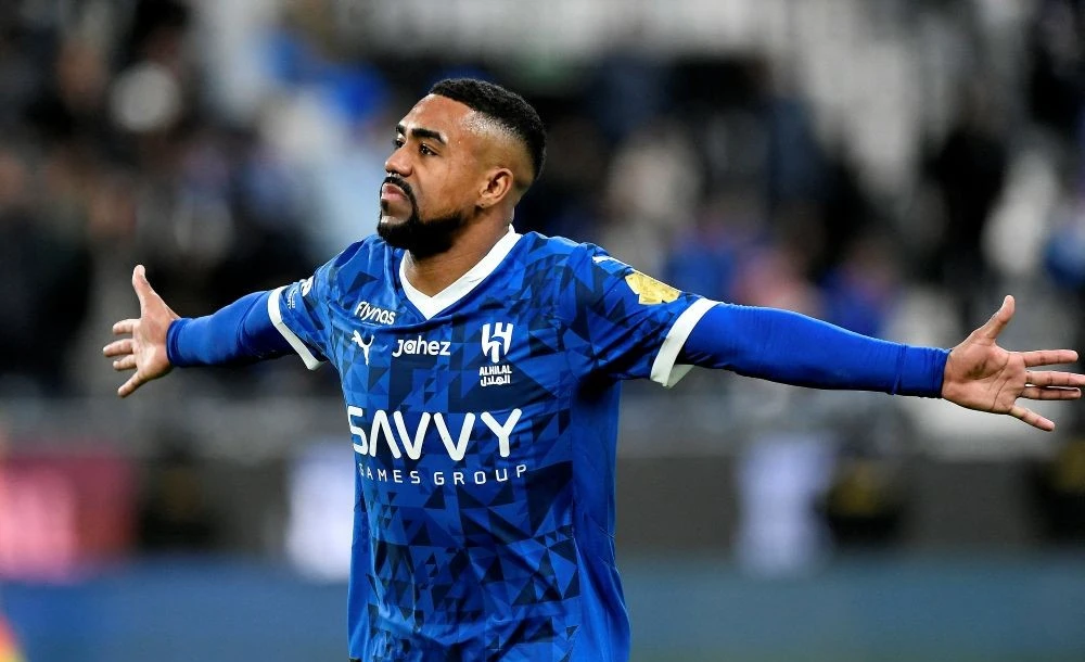 Malcom celebrates scoring Al-Hilal’s third goal against Al-Kholood at the Kingdom Arena, Riyadh, Saudi Arabia, Feb. 25, 2025. (Reuters)