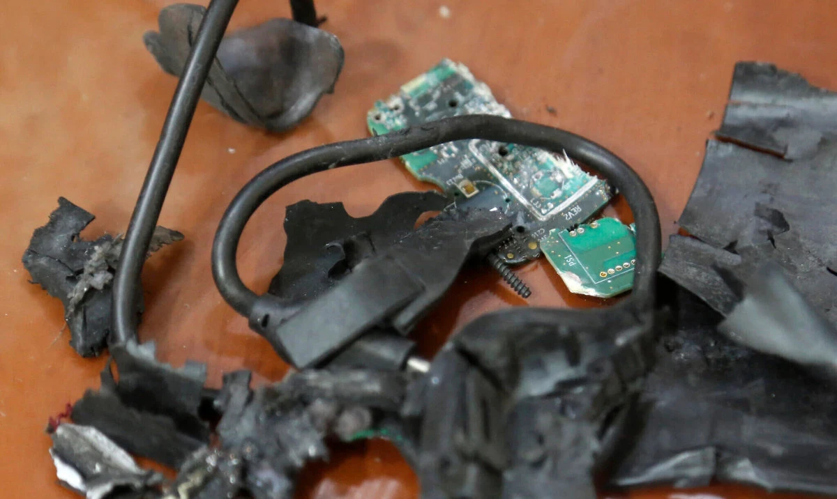 In Beirut's southern suburbs, the remains of exploded pagers used by Hezbollah on display at an undisclosed location, on September 18, 2024. (AFP)