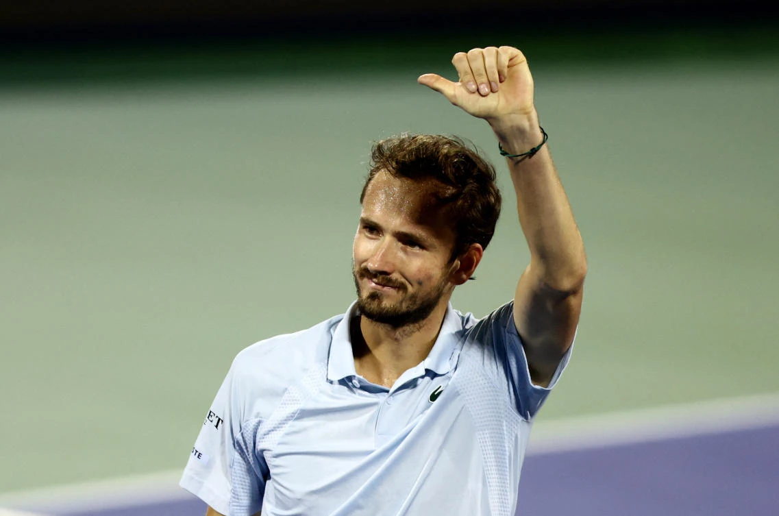 Russia’s Daniil Medvedev celebrates winning his round of 16 match against France’s Giovanni Mpetshi Perricard — Dubai Championships — Dubai Tennis Stadium, Dubai, Feb. 26, 2025. (Reuters)