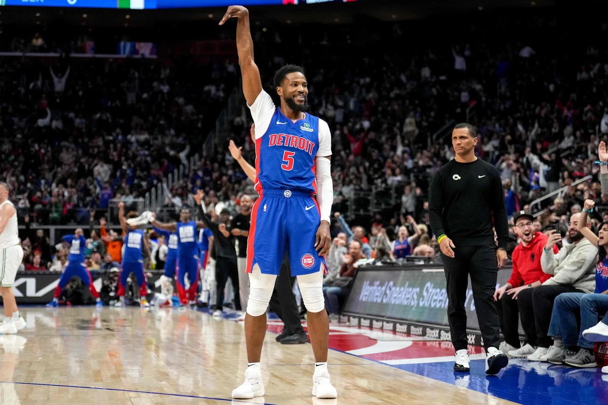 Malik Beasley of the Detroit Pistons looks to the Boston Celtics bench after making a three-point basket during the fourth quarter of an NBA basketball game at Little Caesars Arena on Feb. 26, 2025 in Detroit, Michigan. (Getty Images via AFP)