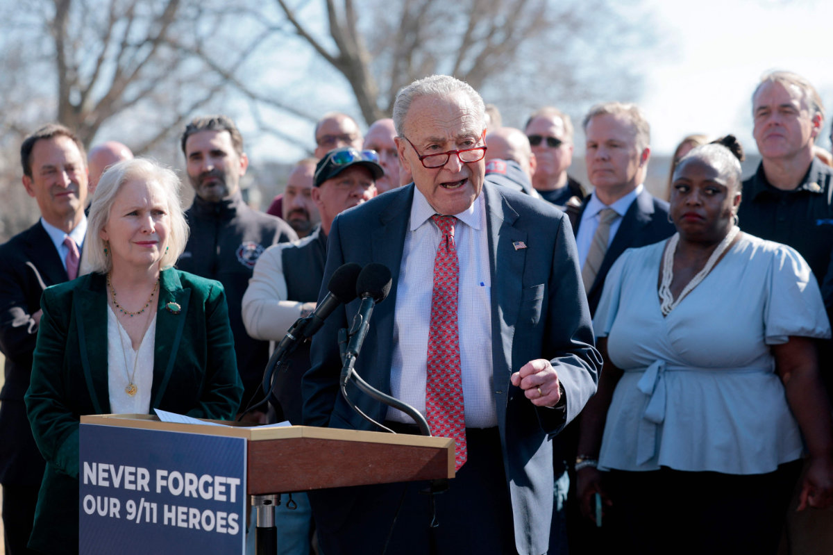 US Senate Minority Leader Chuck Schumer (D-NY) speaks at a news conference outside the US Capitol Building on February 26, 2025 in Washington, DC. (Getty Images via AFP/File)