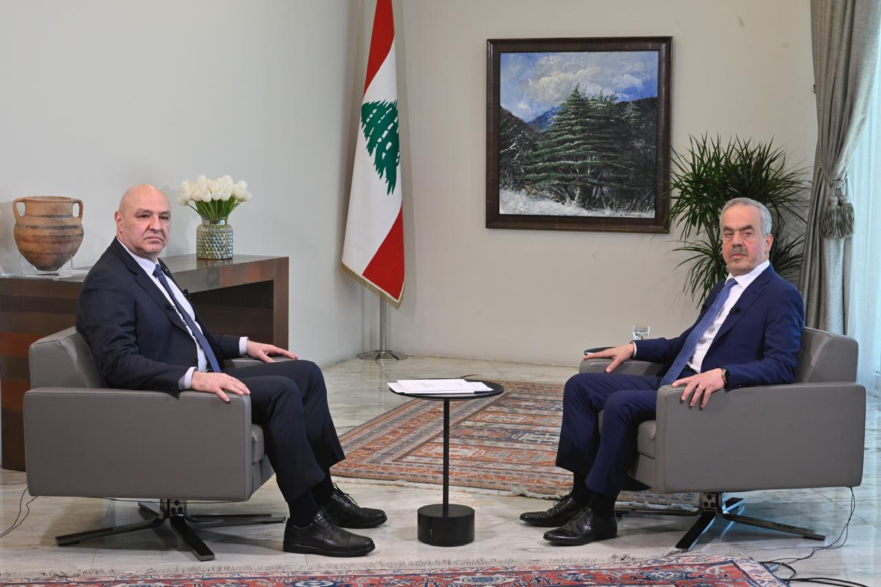 Lebanese President Joseph Aoun in the interview with Asharq Al-Awsat's editor-in-chief Ghassan Charbel. (Photo: Asharq Al-Awsat)