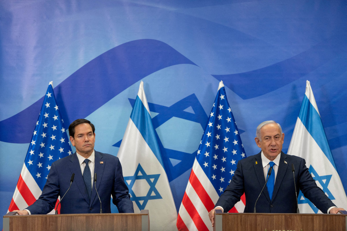 This photo taken on February 16, 2025, shows US Secretary of State Marco Rubio and Israeli Prime Minister Benjamin Netanyahu at a press conference in Jerusalem. (Pool via REUTERS/File Photo)