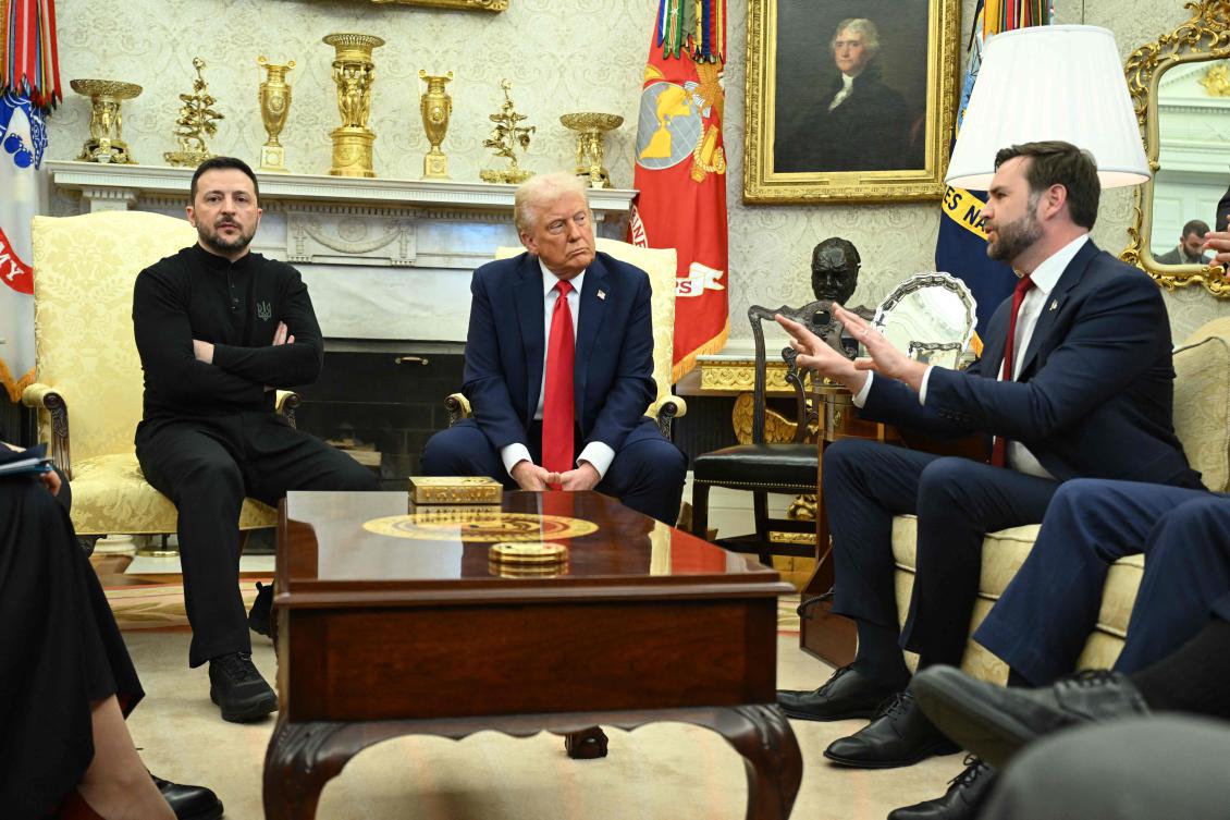 US President Donald Trump and Ukraine’s President Volodymyr Zelensky listen to Vice President JD Vance (R)as they meet in the Oval Office of the White House in Washington, DC, February 28, 2025. (AFP)
