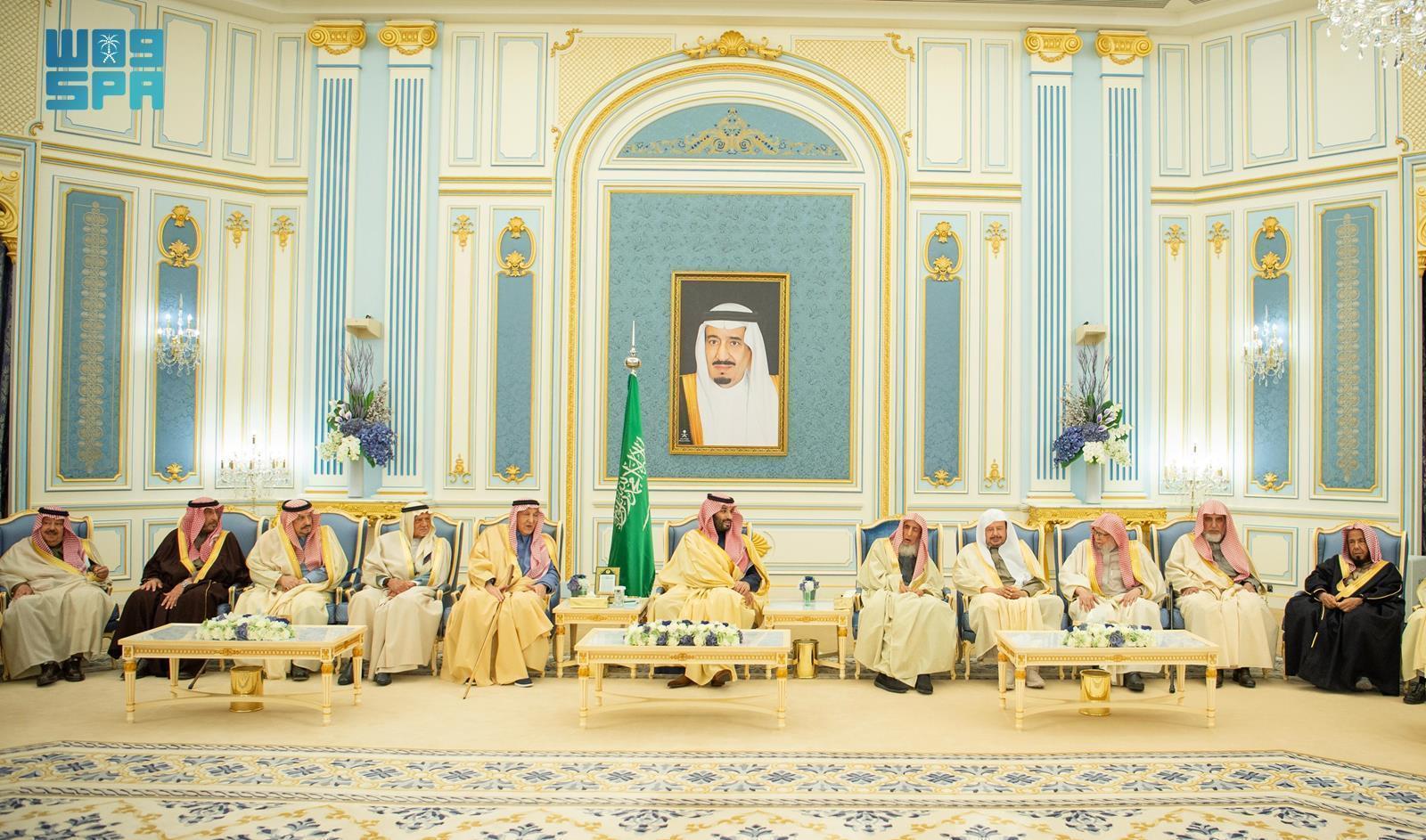 Crown Prince Mohammed bin Salman during his meeting with princes, eminent scholars, ministers, and a group of citizens at Al-Yamama Palace in Riyadh. (SPA)
