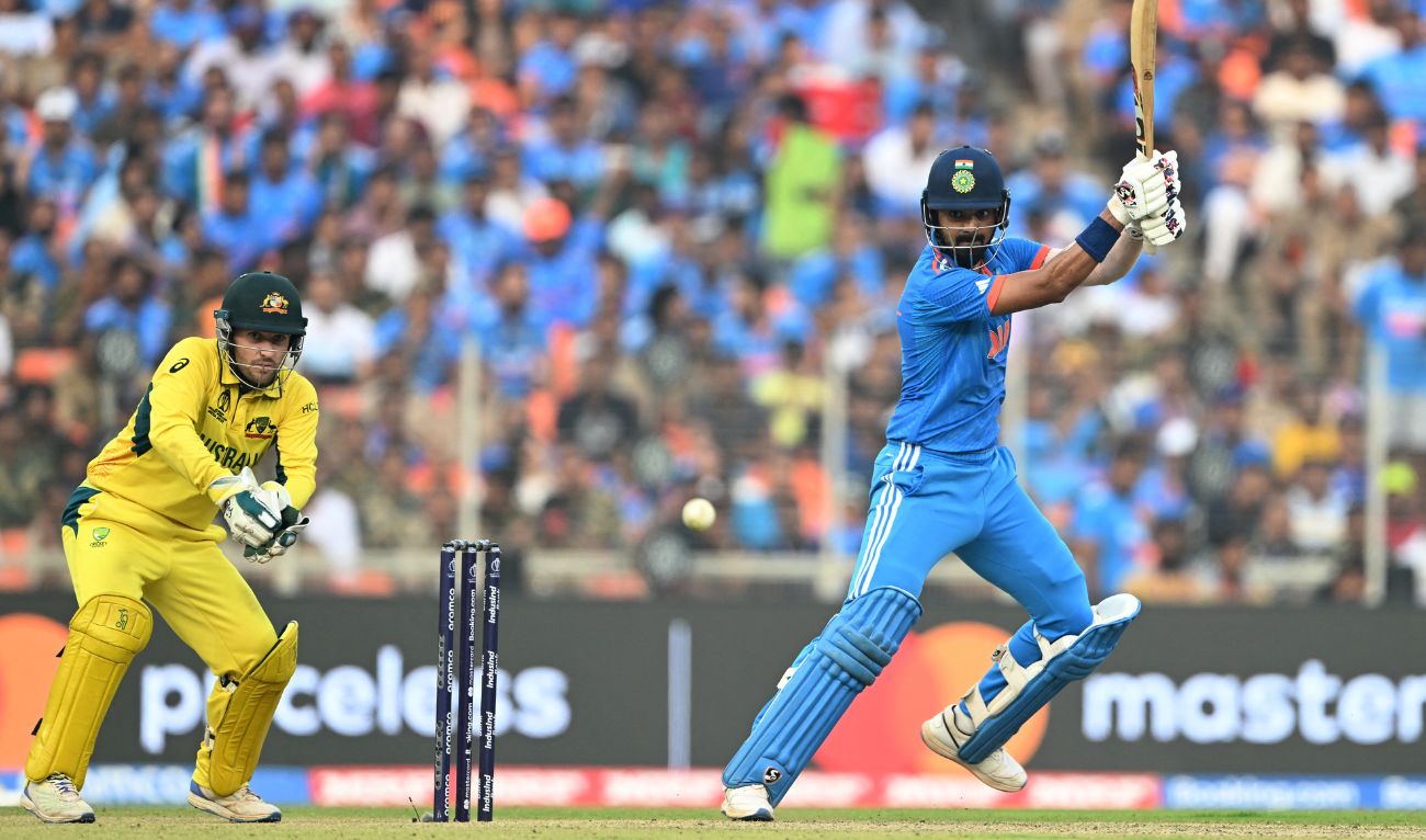 India's KL Rahul (R) plays a shot as Australia's wicketkeeper Josh Inglis watches during the 2023 ICC Men's Cricket World Cup one-day international (ODI) final match between India and Australia at the Narendra Modi Stadium in Ahmedabad on November 19, 2023. (AFP/File)