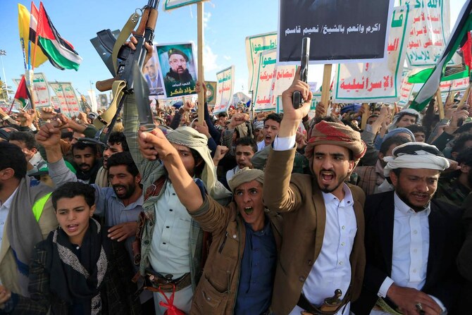 Supporters of Yemen’s Houthis attend an anti-Israel rally in solidarity with Gaza and Lebanon in Sanaa on November 1, 2024. (AFP/File Photo)