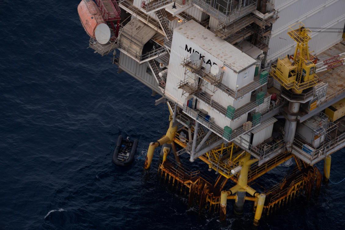 General view of an oil rig at sea off Tunisia, where more than 30 migrants including two children have been stranded for three days, according to the Sea-Watch charity, in this handout picture released on Mar. 3, 2025. (Reuters)