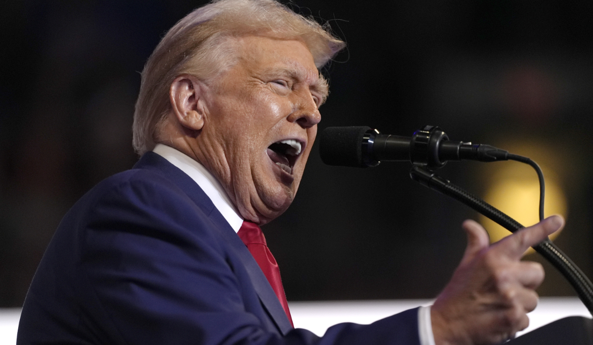 Republican presidential nominee former President Donald Trump speaks at a campaign rally at the Mohegan Sun Arena at Casey Plaza, Saturday, Aug. 17, 2024, in Wilkes-Barre, Pa. (AP)