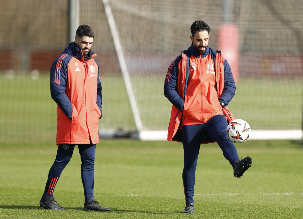 Manchester United manager Ruben Amorim and assistant head coach Carlos Fernandes during training at Manchester United Training — Trafford Training Center, Carrington, Mar. 5, 2025. (Reuters)