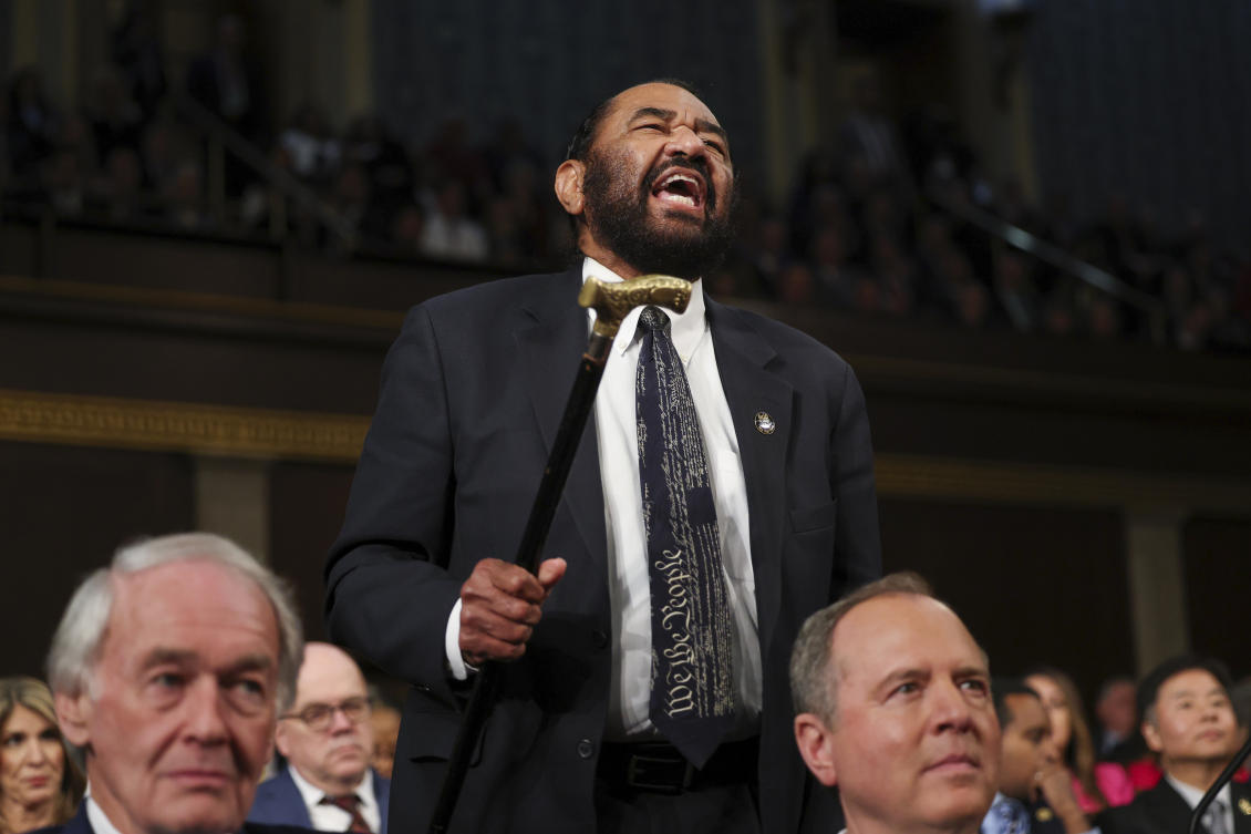 Rep. Al Green, D-Texas, shouts as President Donald Trump addresses a joint session of Congress at the Capitol in Washington, Tuesday, March 4, 2025. (AP Photo)