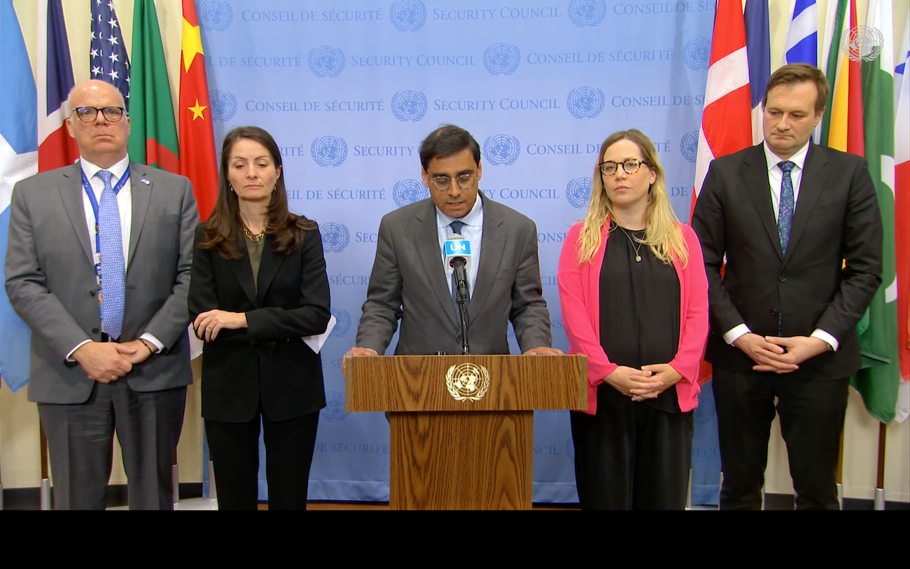 Jay Dharmadhikari, the charge d’affaires at the French mission to the UN, speaks on behalf of the four nations at the UN. (Screenshot)