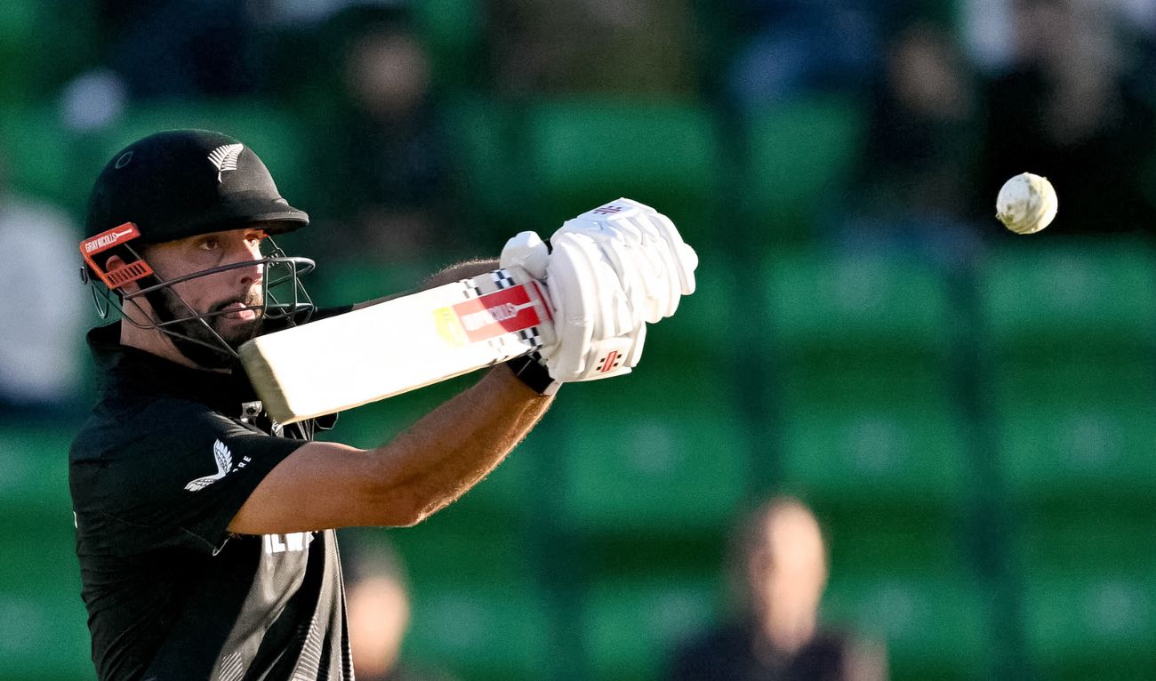 New Zealand's Daryl Mitchell plays a shot during the ICC Champions Trophy one-day international (ODI) semi-final cricket match between New Zealand and South Africa at the Gaddafi Stadium in Lahore on March 5, 2025. (AFP)
