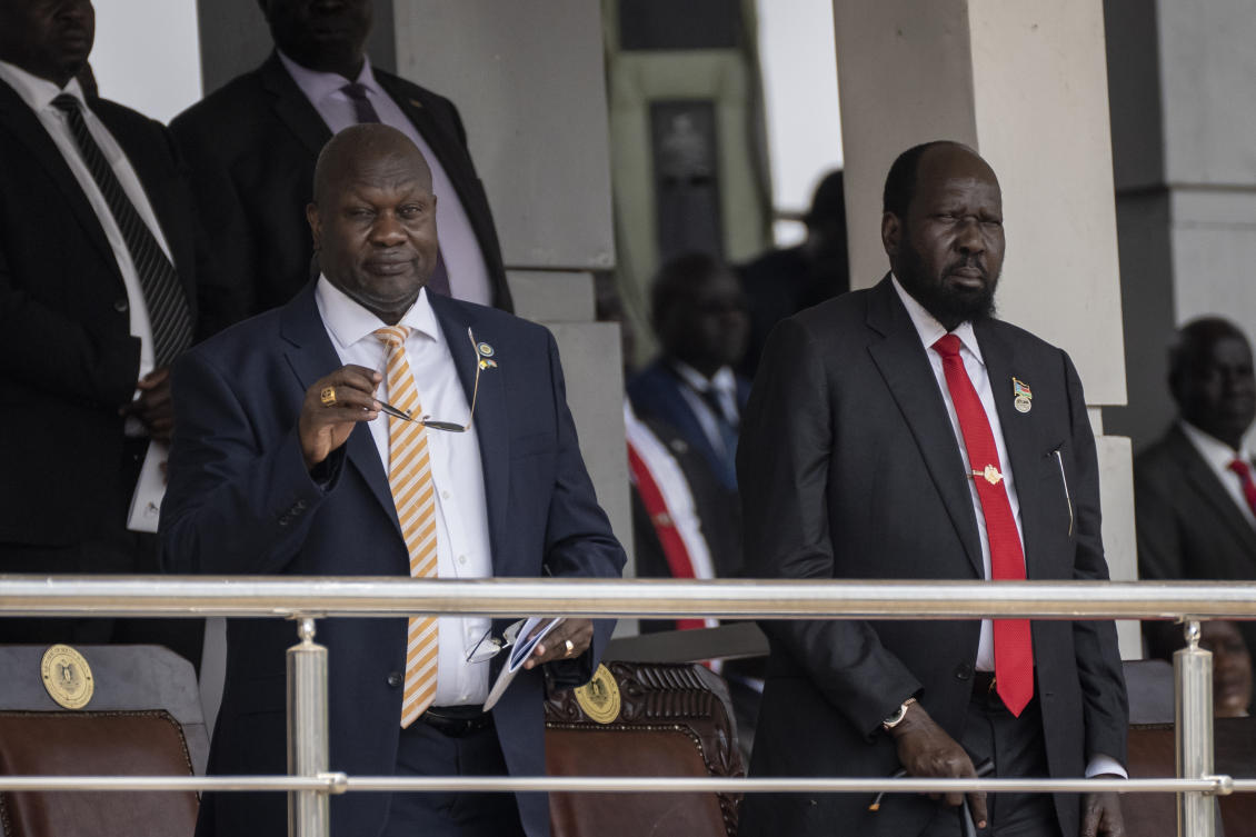 South Sudan’s President Salva Kiir, right, and Vice President Riek Machar, left, attend a Holy Mass led by Pope Francis at the John Garang Mausoleum in Juba, South Sudan, Feb. 5, 2023. (AP/File)