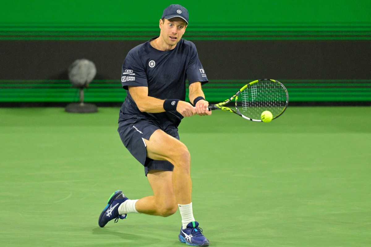 Botic Van De Zandschulp hits a shot against Nick Kyrgios during his first round match of the BNP Paribas Open at the Indian Wells Tennis Garden Thursday. (Jayne Kamin-Oncea-Imagn Images)