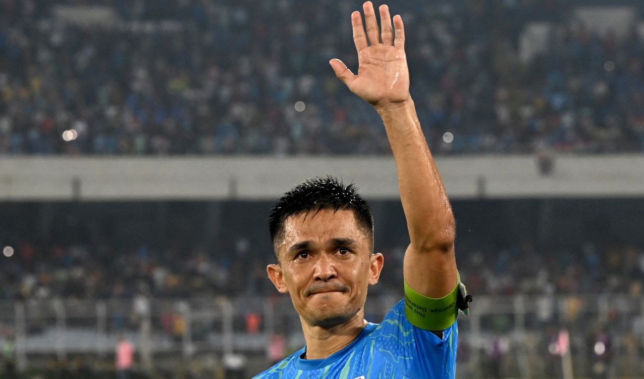 India's captain Sunil Chhetri waves to his fans at the end of the FIFA World Cup 2026 Asia qualifier match between India and Kuwait at the Salt Lake Stadium in Kolkata on June 6, 2024. (AFP)