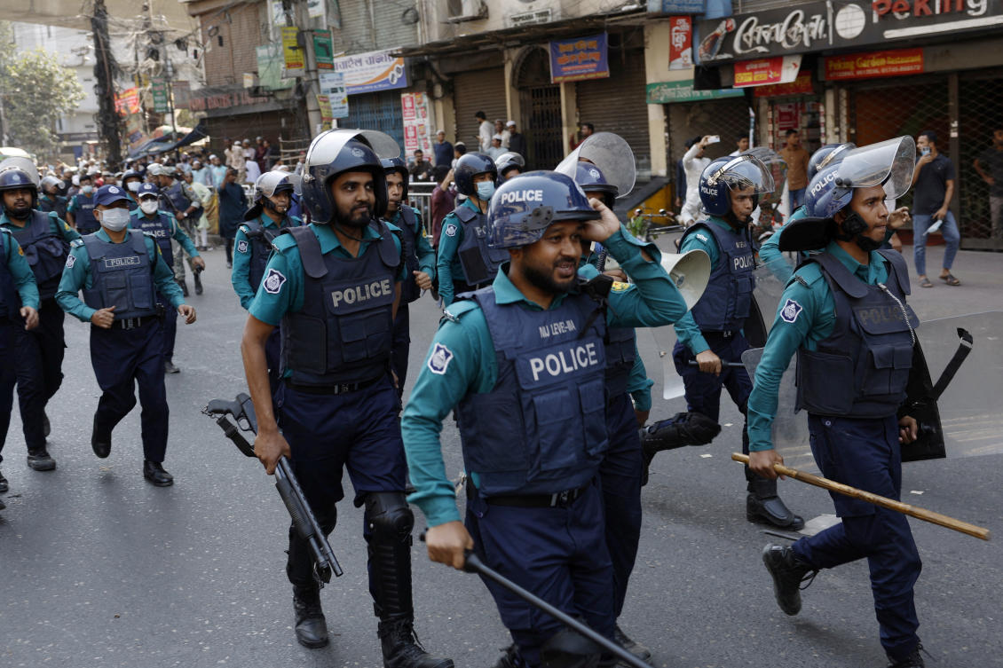 The Dhaka Metropolitan Police had warned banned organizations against holding public meetings and rallies. Above, policemen disperse a rally of Hizb ut-Tahrir, a banned Islamist group, Dhaka on March 7, 2025. (Reuters)