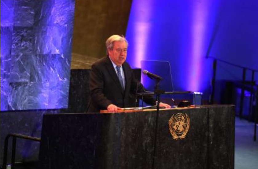 António Guterres, Secretary-General of the United Nations speaks at the UN Commemoration event of the International Women’s Day at the UN General Assembly Hall Mar. 7, 2025 in New York. (AFP)